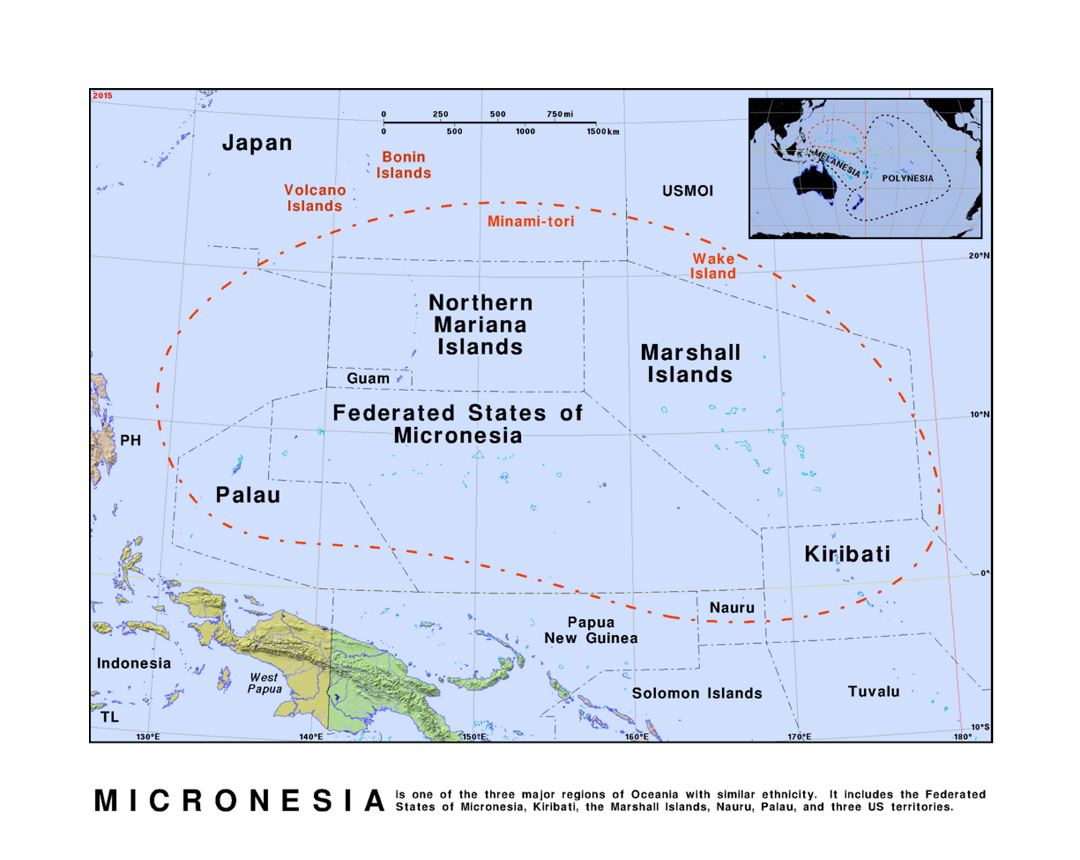 Detailed political map of Micronesia with relief
