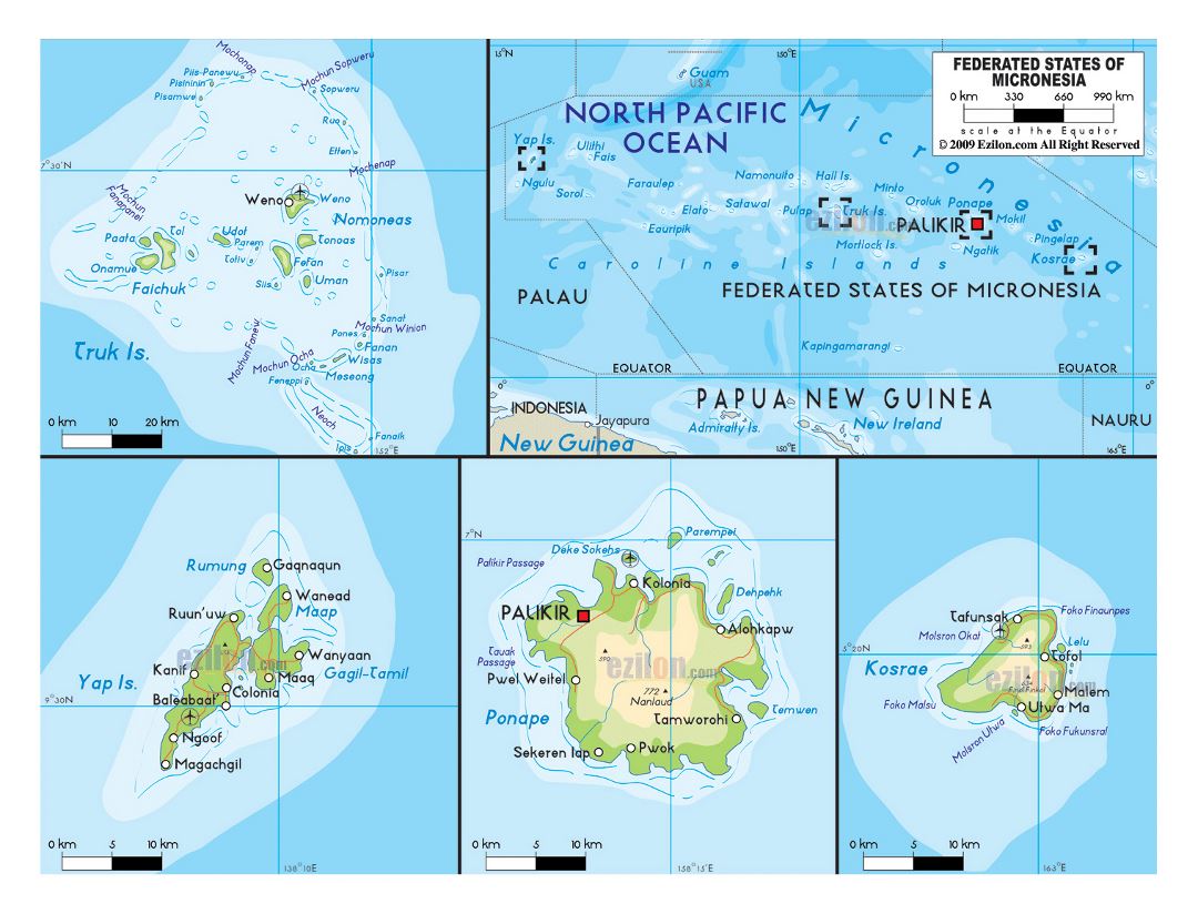 Large physical map of Micronesia with roads, cities and airports