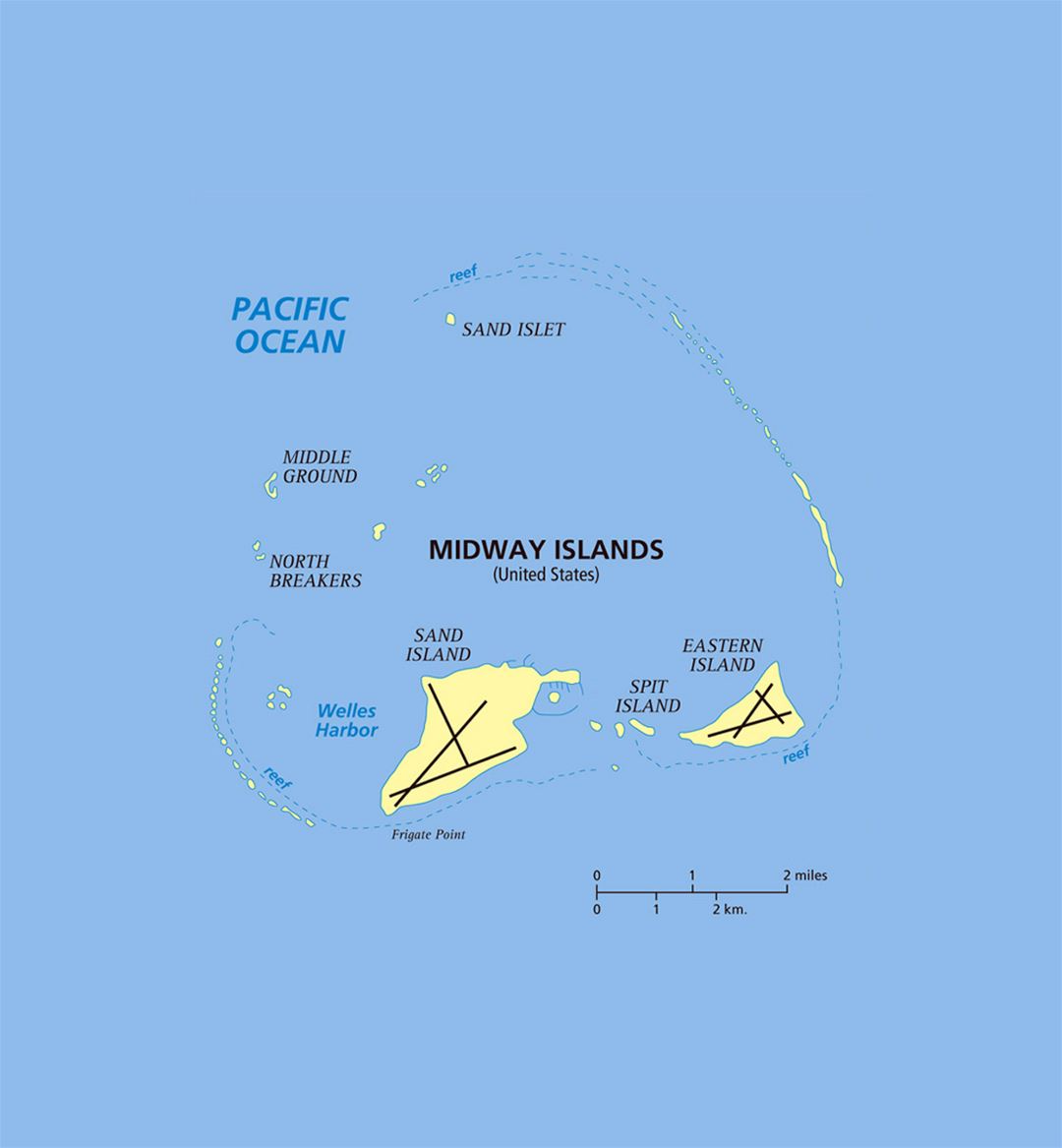 Detailed map of Midway Islands with other marks