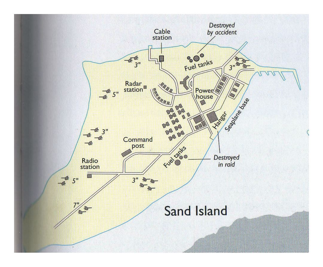 Large map of Sand Island, Midway Islands with other marks