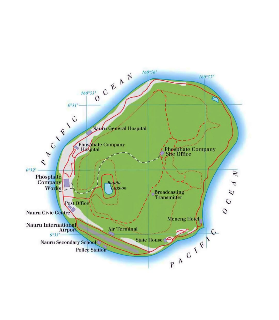 Detailed elevation map of Nauru with roads, localities and airport