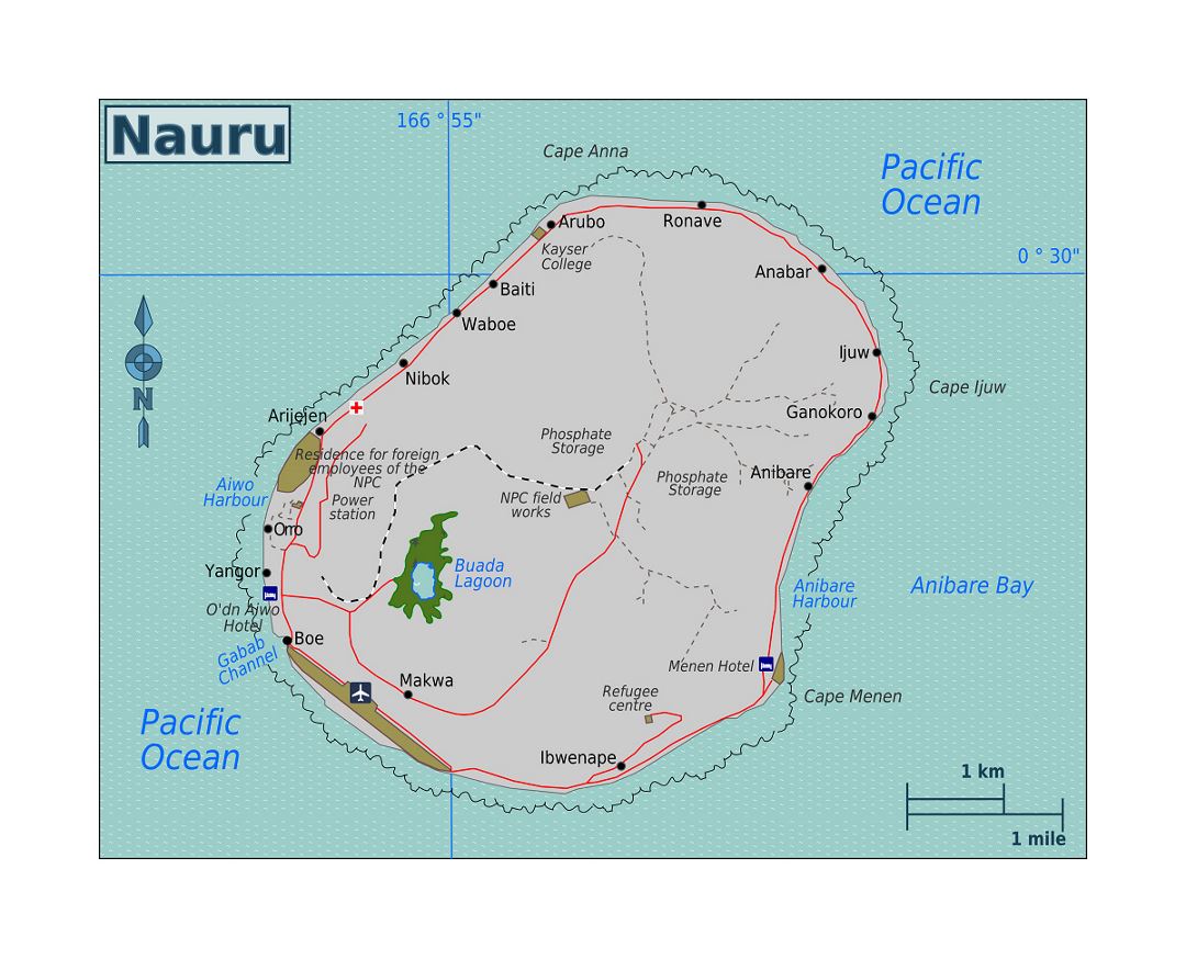 Detailed map of Nauru with roads, localities, airport and other marks