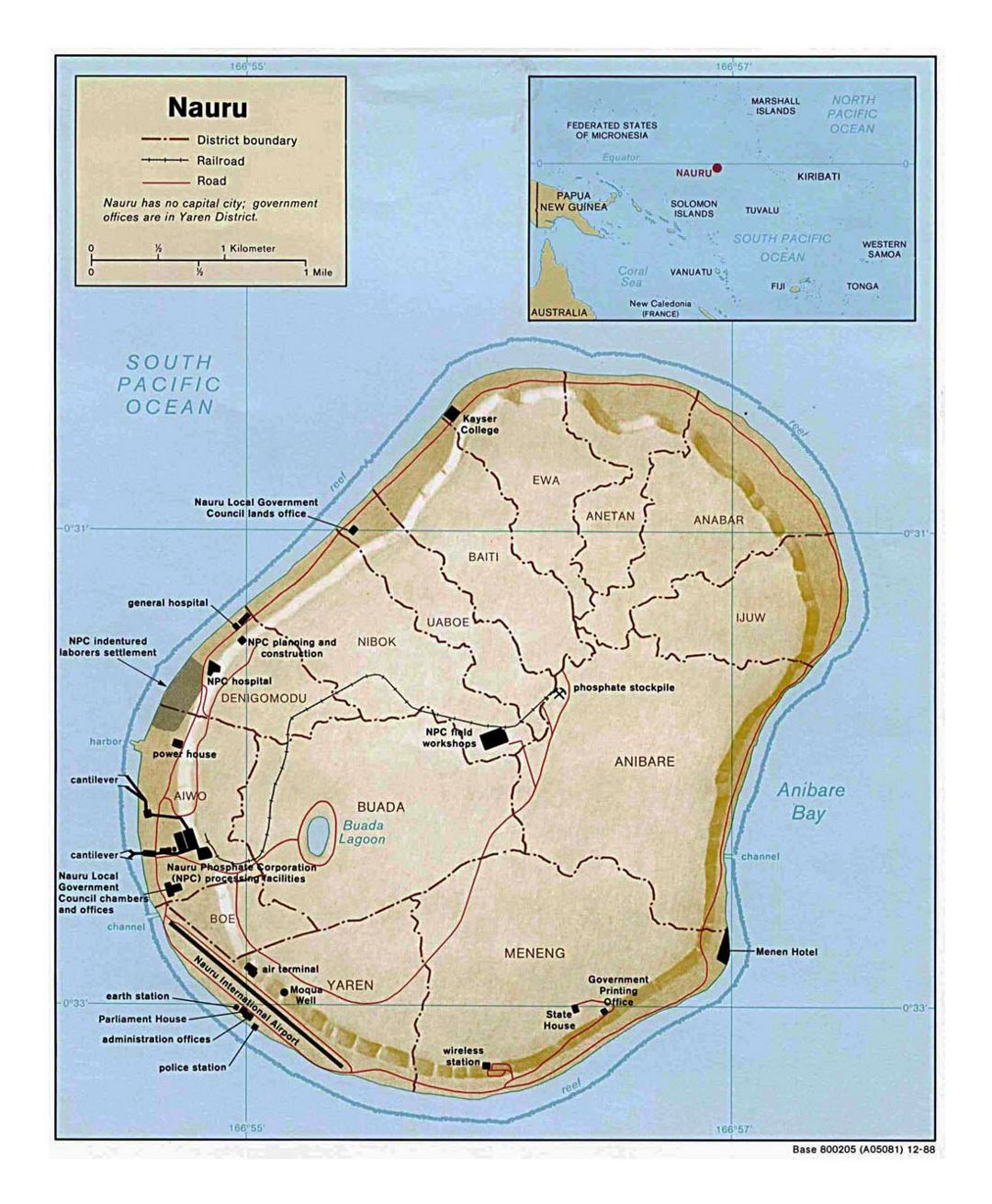 Detailed political and administrative map of Nauru with relief, roads, railroads and other facilities - 1988