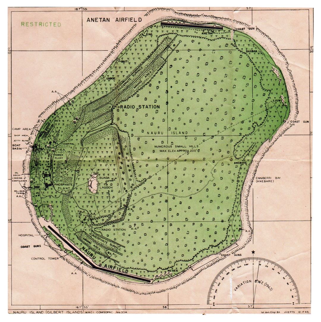 Detailed topographical map of Nauru with other marks - 1940-1945