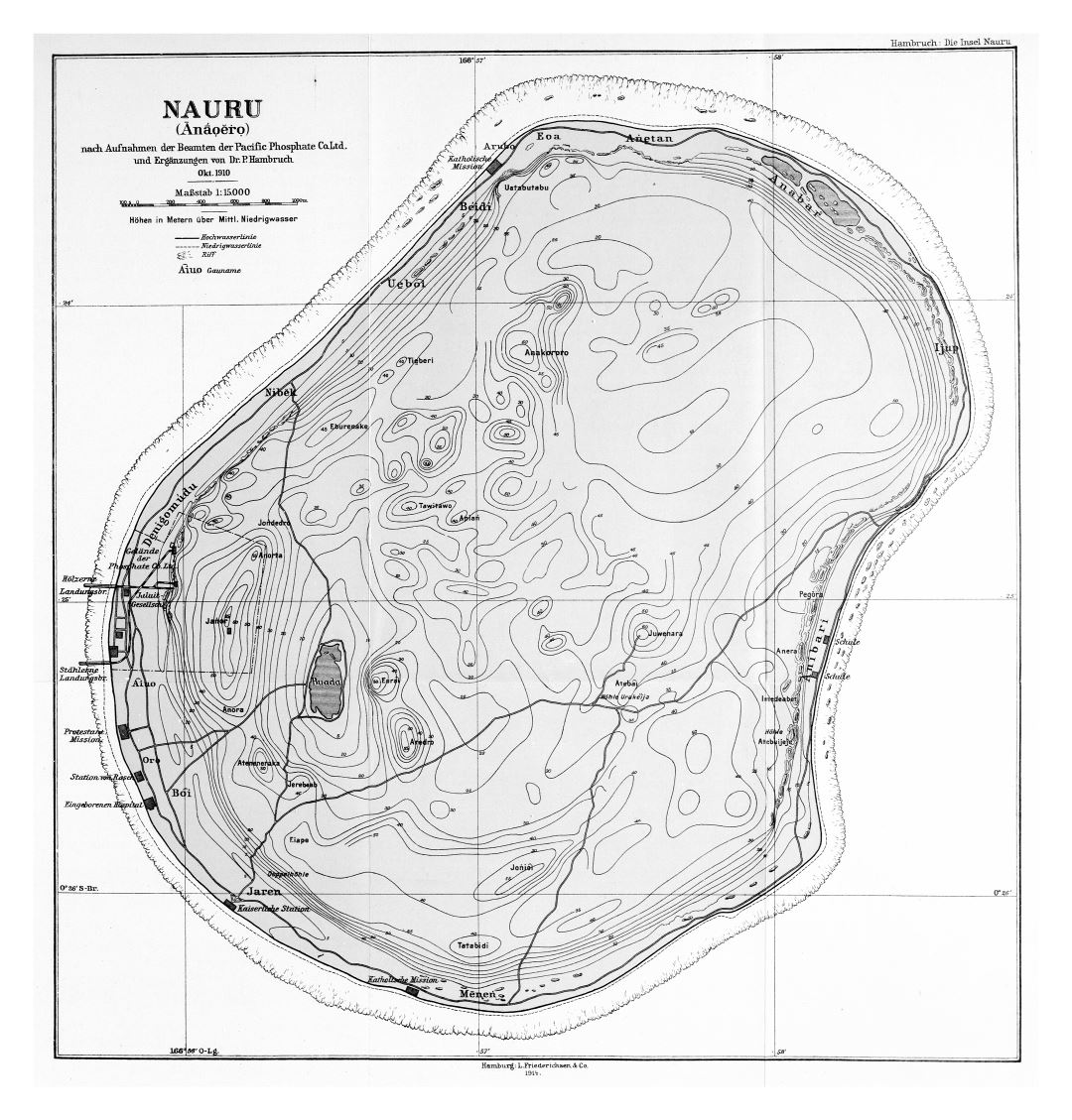 Large detailed old topographical map of Nauru - 1914