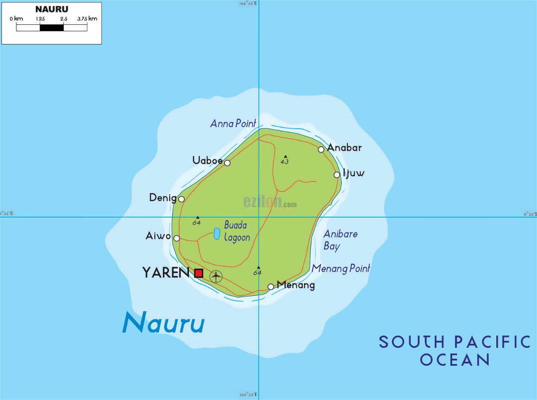 Large elevation map of Nauru with roads, localities and airport
