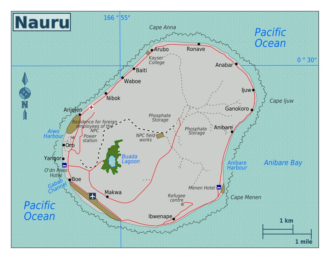 Large map of Nauru with roads, localities, airport and other marks