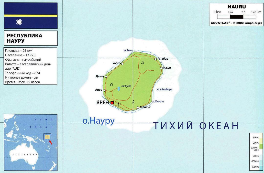 Large political and elevation map of Nauru with other marks in russian