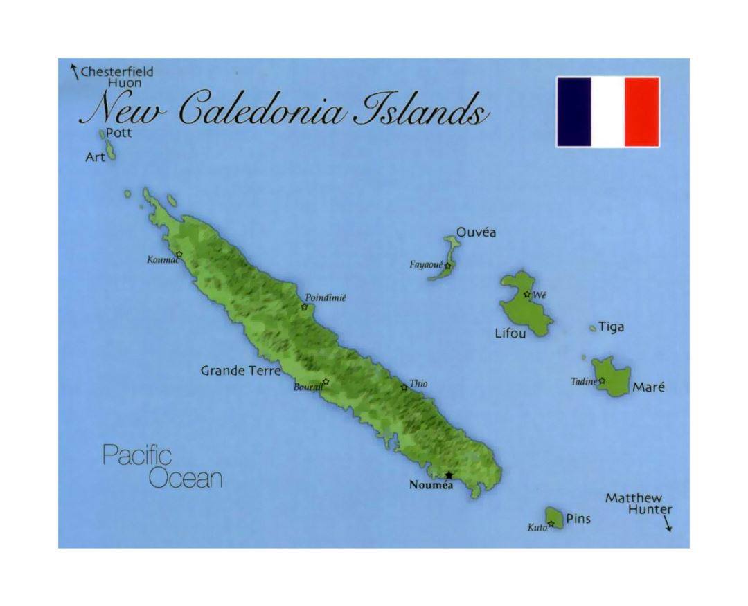 Detailed map of New Caledonia with flag