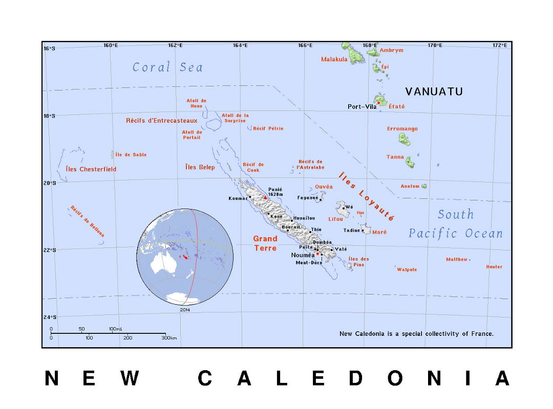 Detailed political map of New Caledonia with relief