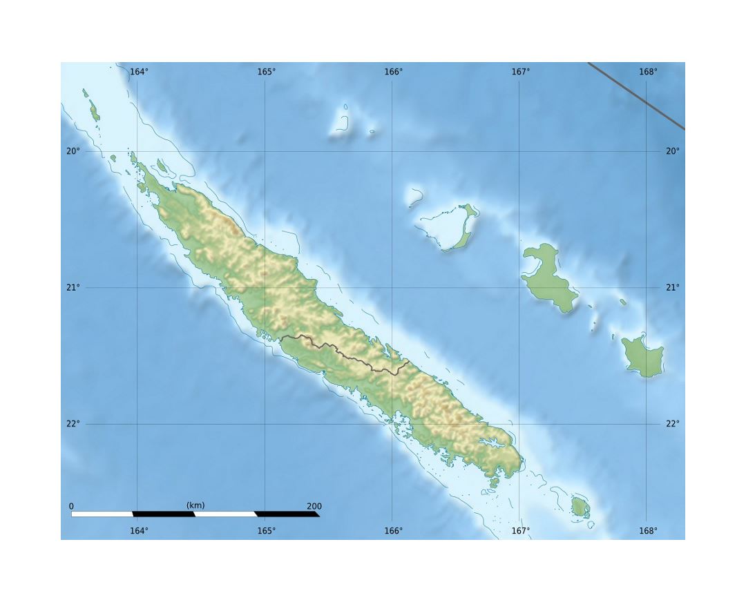 Detailed relief map of New Caledonia