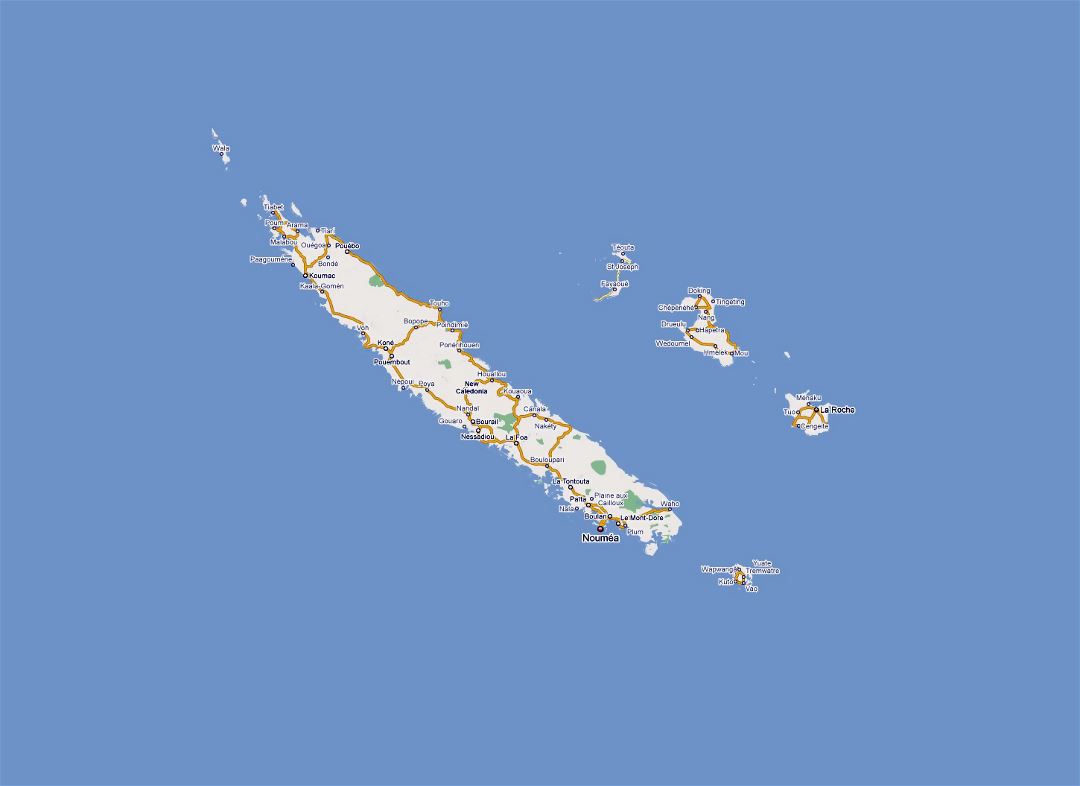 Detailed road map of New Caledonia with cities