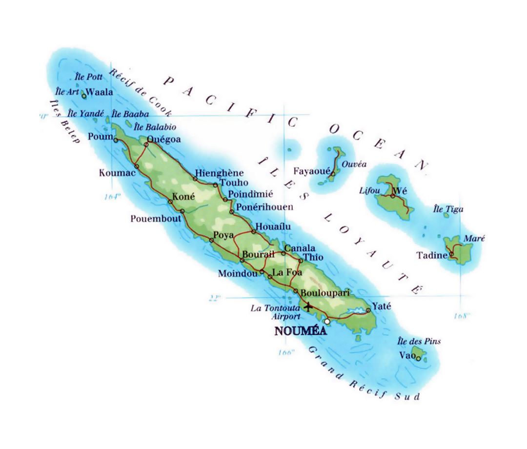 Elevation map of New Caledonia with roads, cities and airports