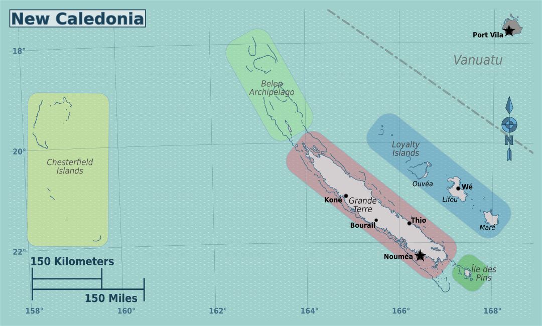 Large detailed regions map of New Caledonia