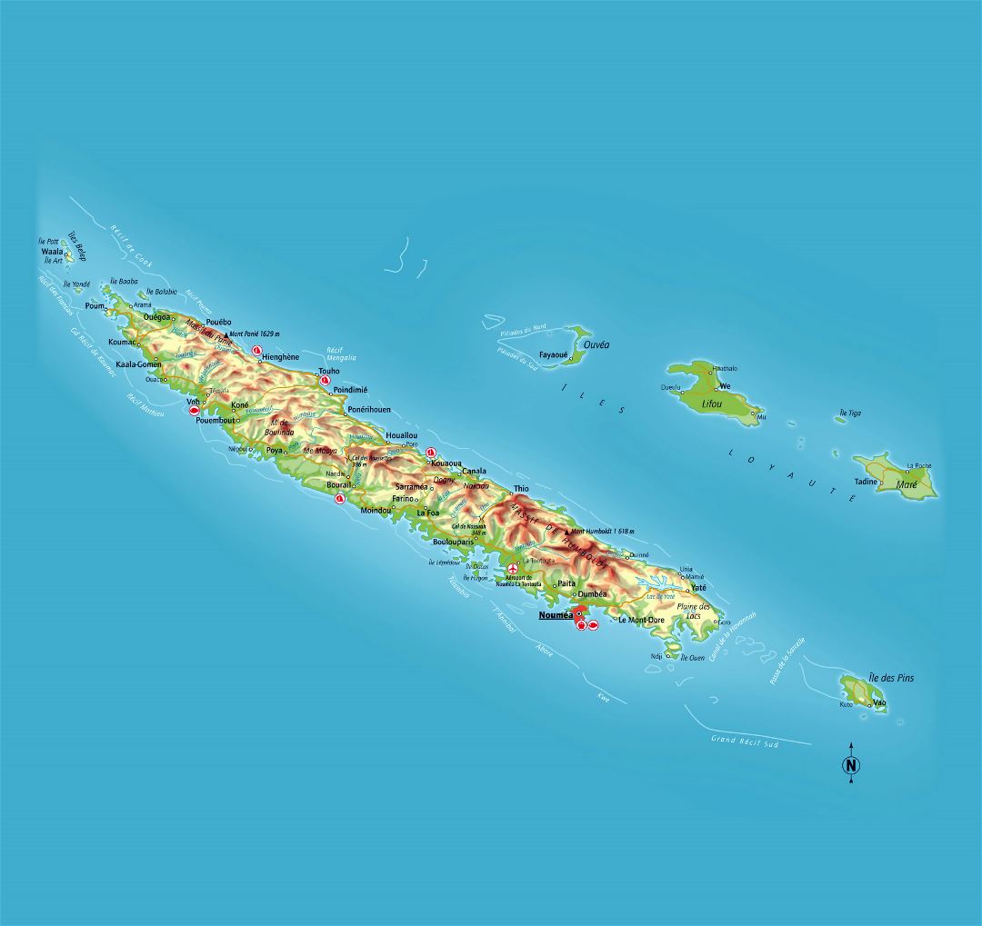 Large elevation map of New Caledonia with roads, cities and other marks