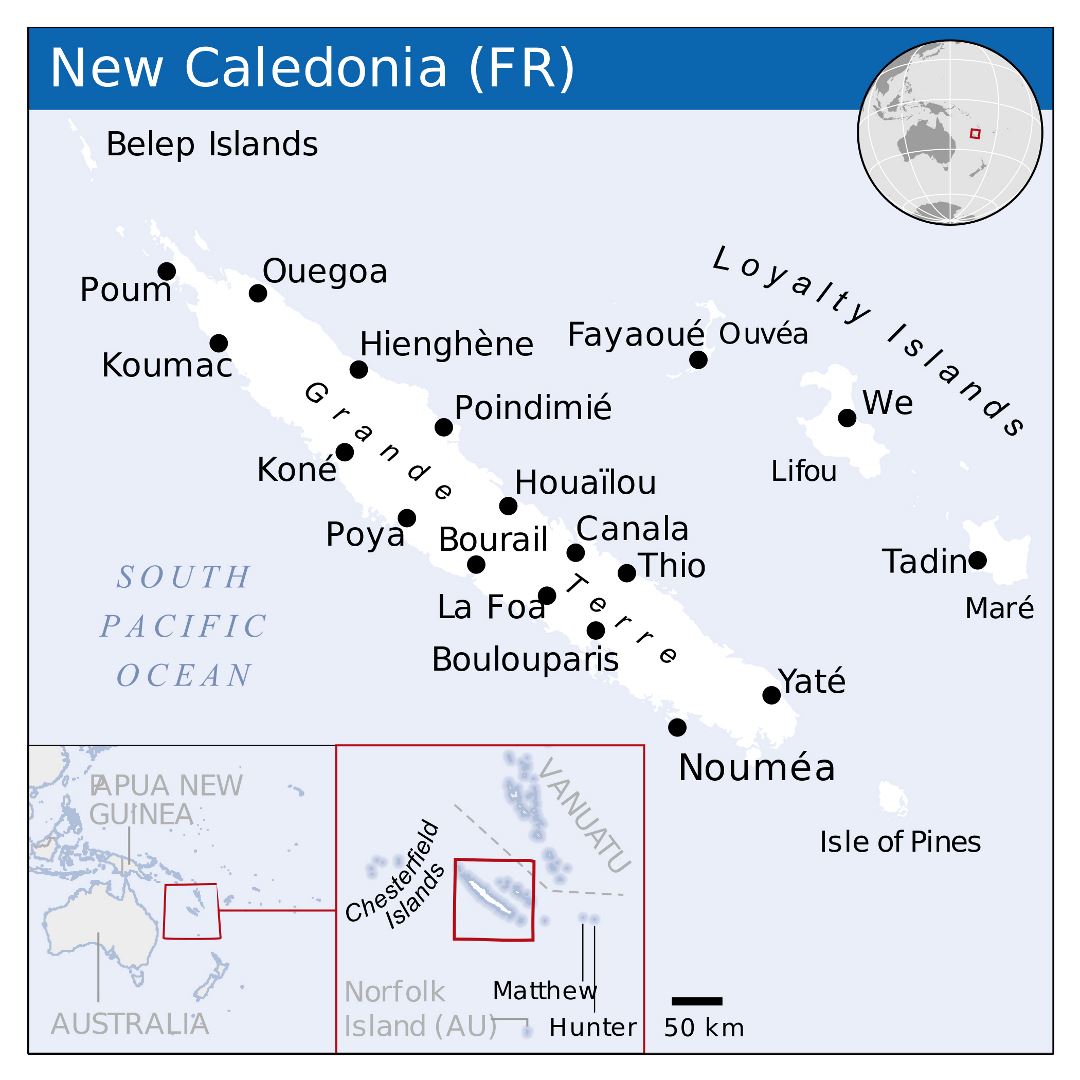 Large political map of New Caledonia with cities
