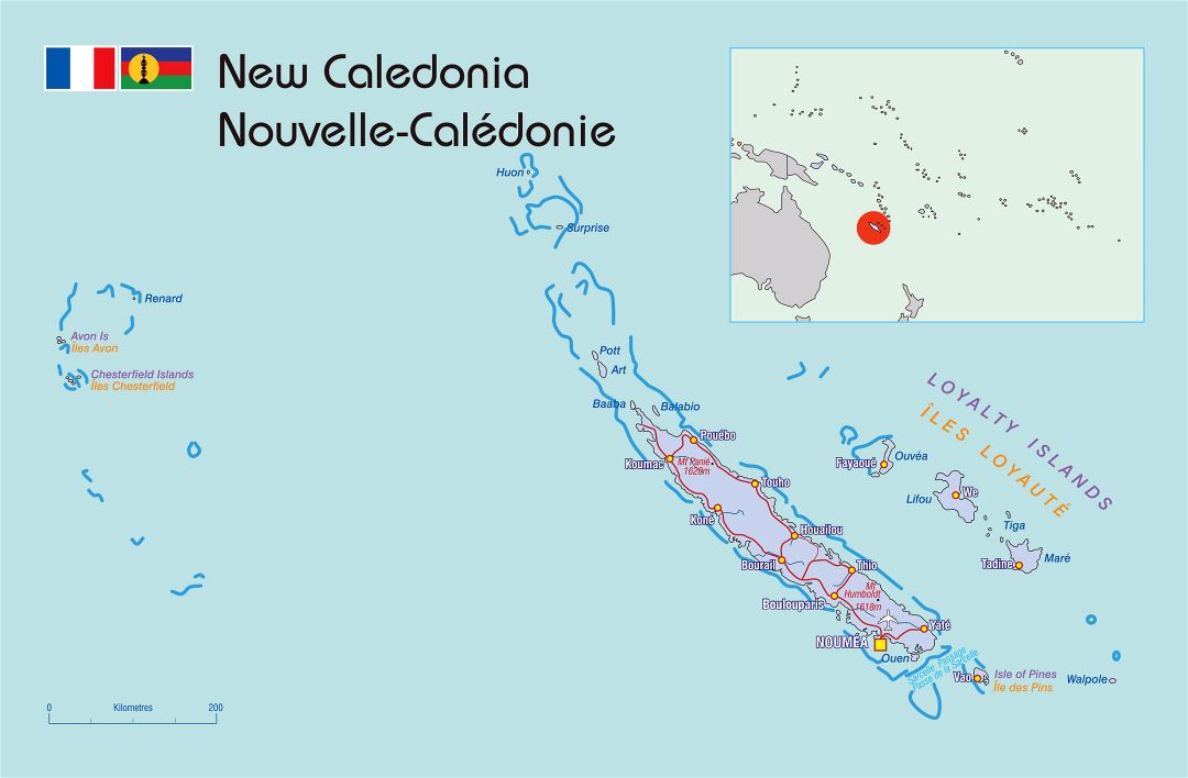 Large political map of New Caledonia with roads and cities