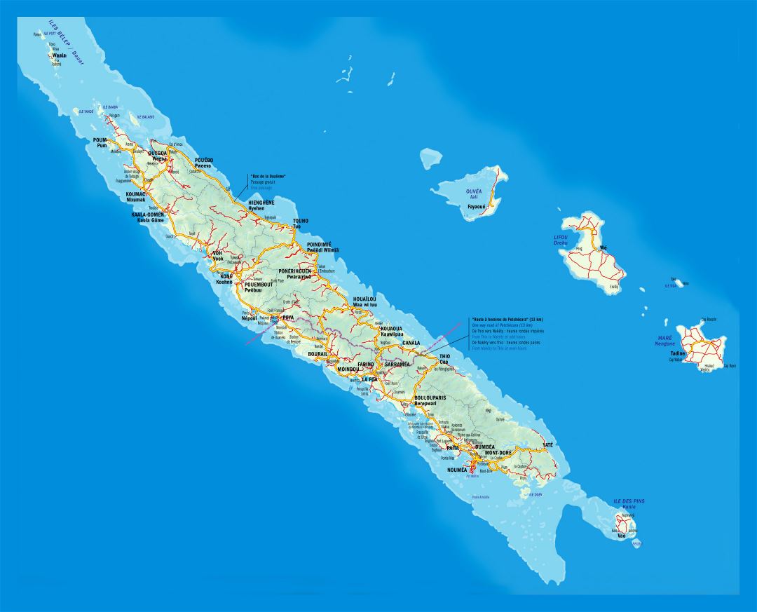 Large road map of New Caledonia with relief and cities