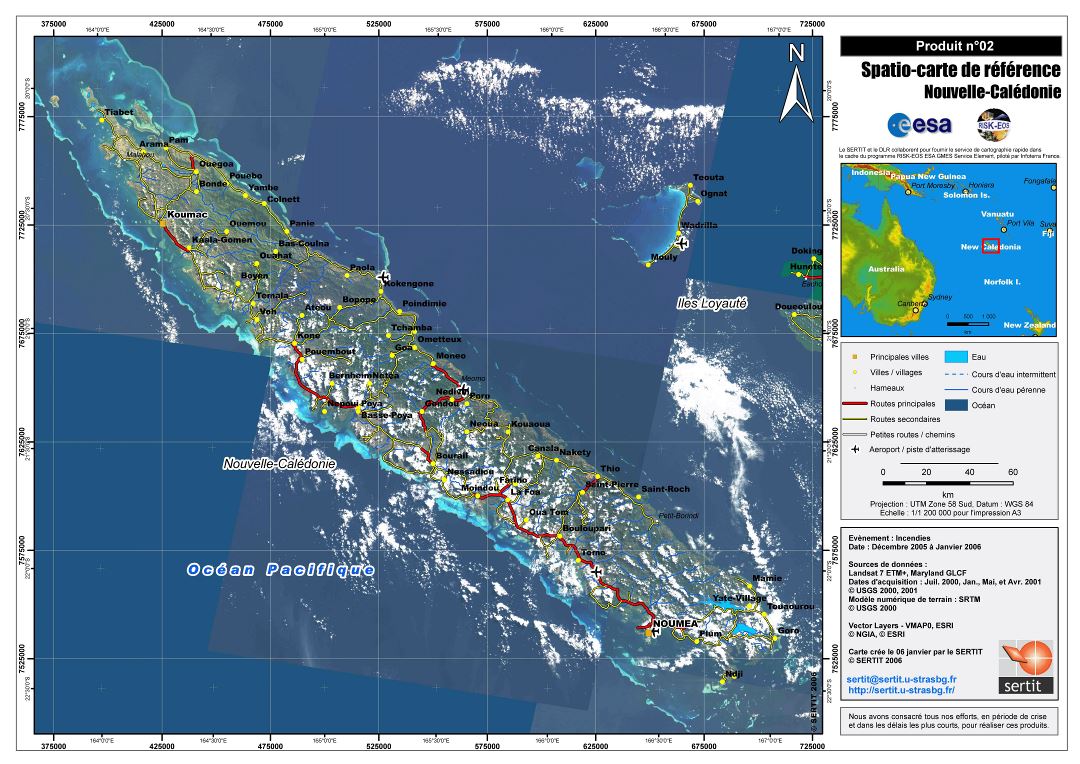 Large scale satellite map of New Caledonia with marks of cities, roads and airports