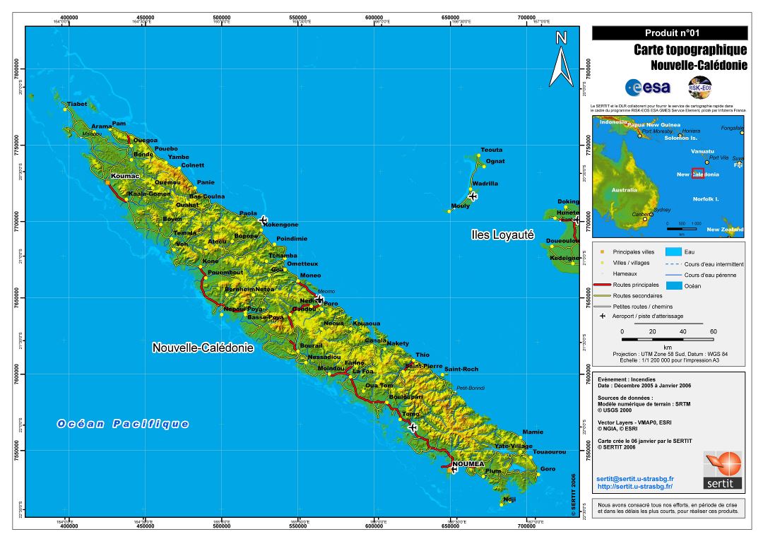Large scale topographical map of New Caledonia with marks of cities, roads and airports