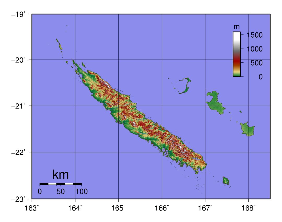 Large topographical map of New Caledonia