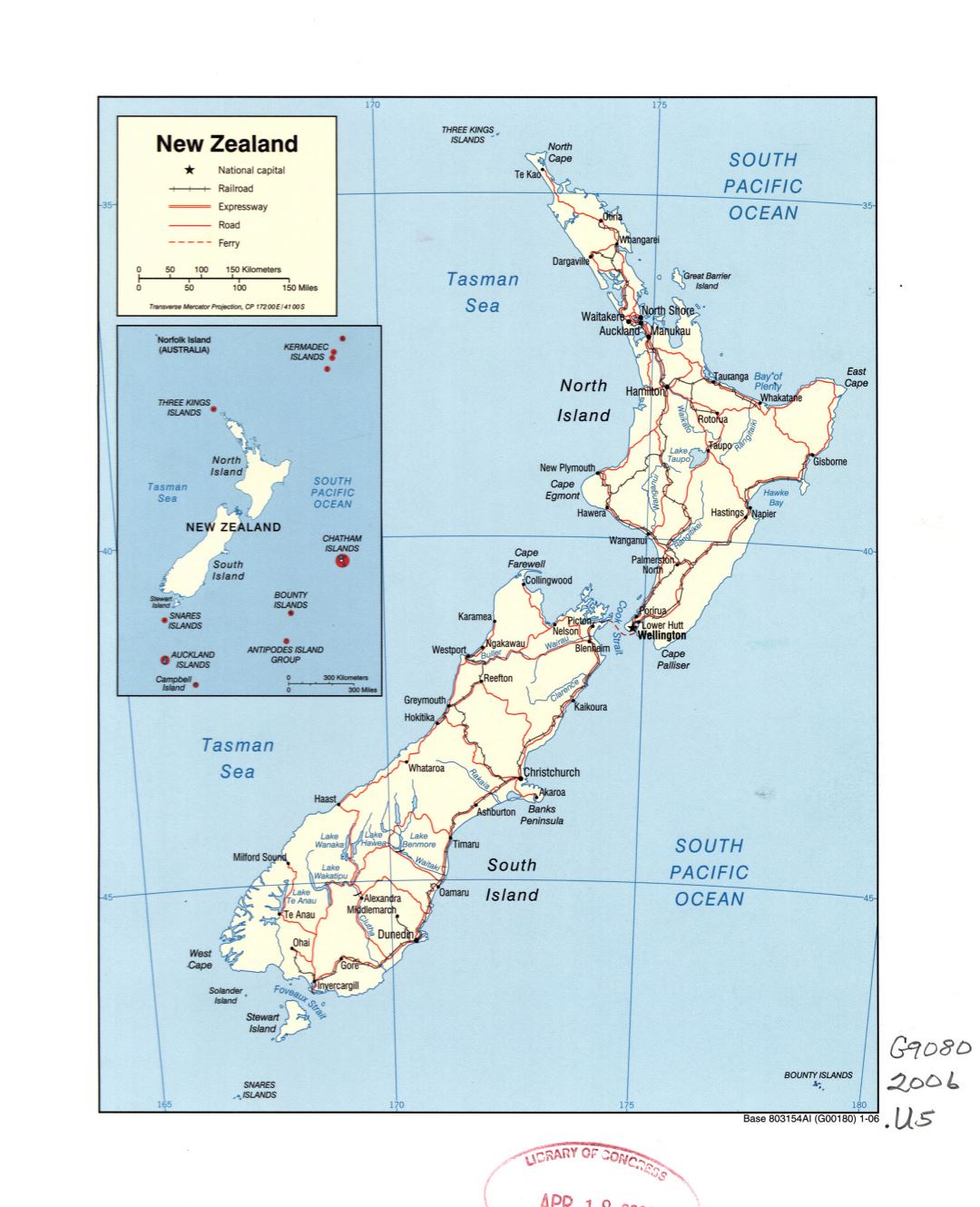 Large detailed political map of New Zealand with marks of roads, railroads and cities - 2006
