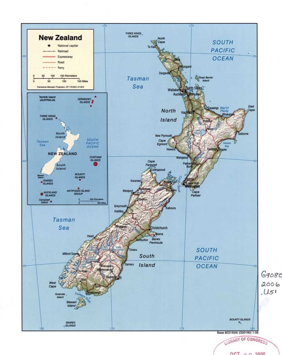 Large detailed political map of New Zealand with relief, marks of roads, railroads and cities - 2006