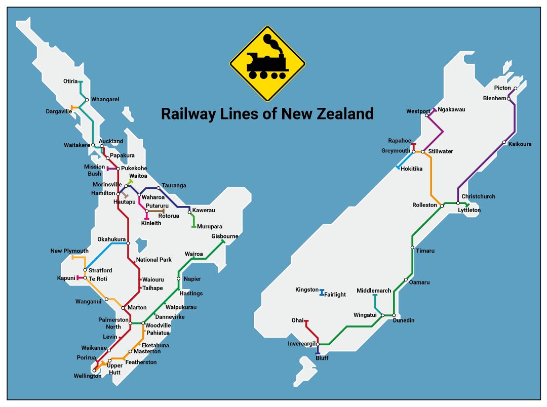 Large detailed railroads map of New Zealand