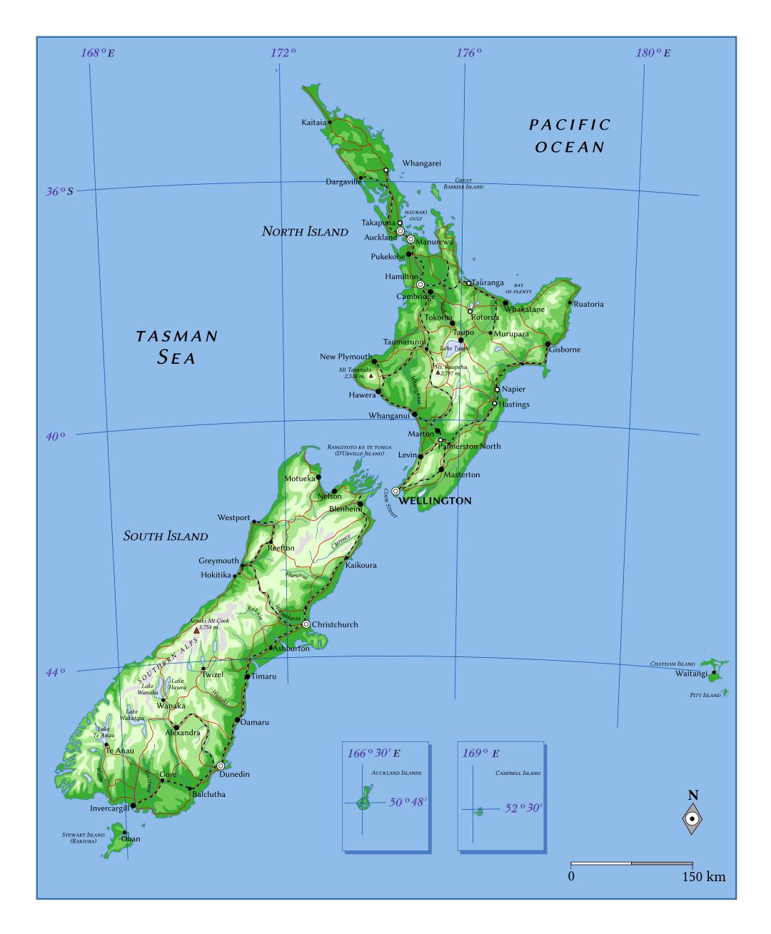 Large elevation map of New Zealand with roads, railroads and cities