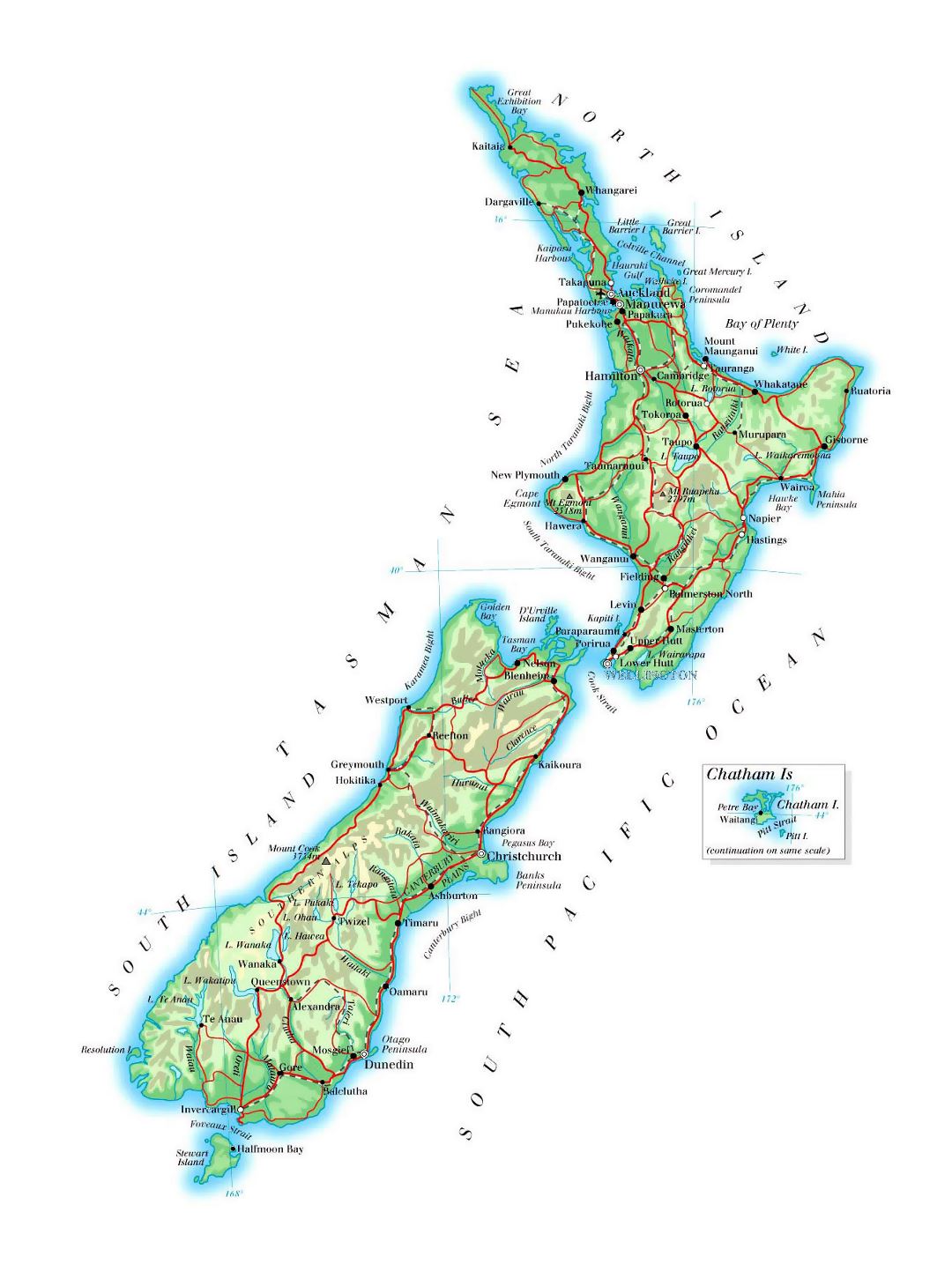 Large elevation map of New Zealand with roads, railroads, cities and airports