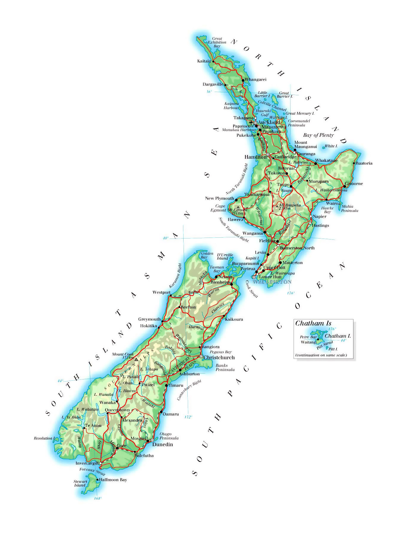 Large Elevation Map Of New Zealand With Roads Railroads Cities