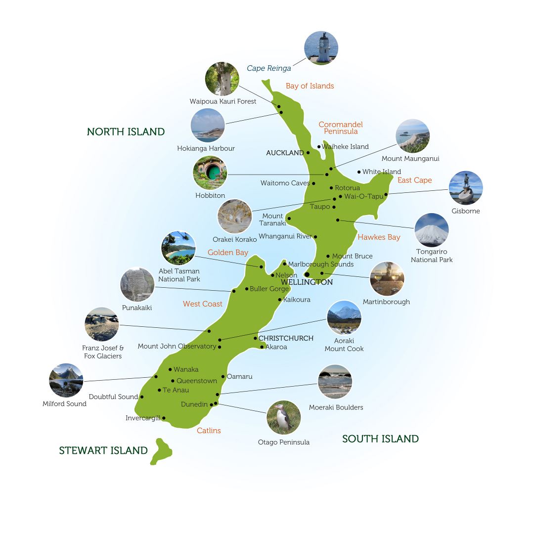 Large highlights map of New Zealand