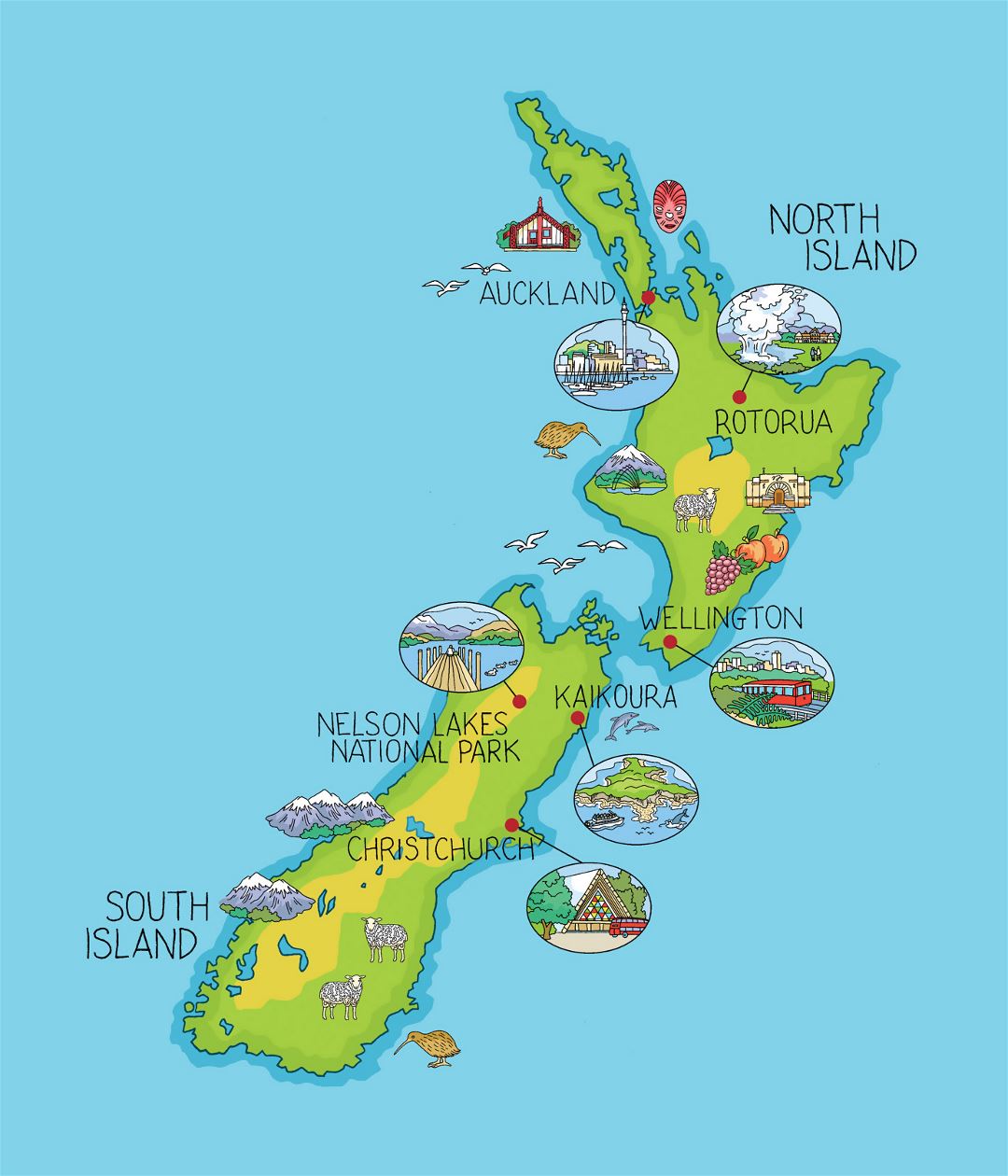 Large illustrated map of New Zealand