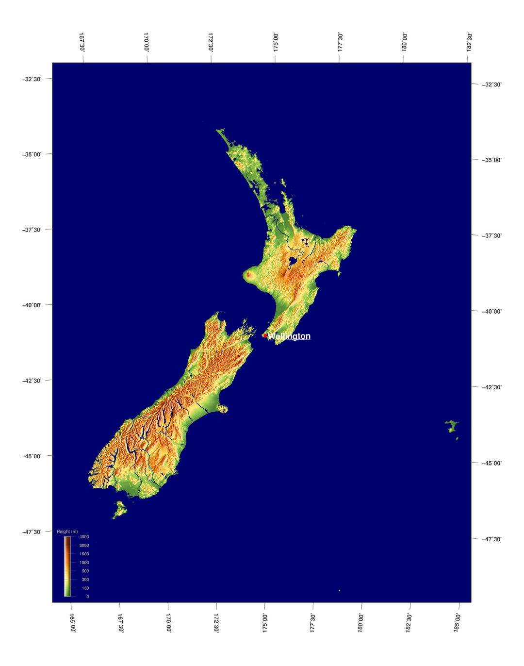 Large physical map of New Zealand