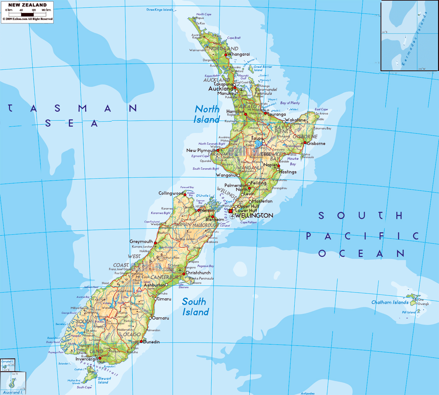 Large physical map of New Zealand with roads, cities and airports | New ...