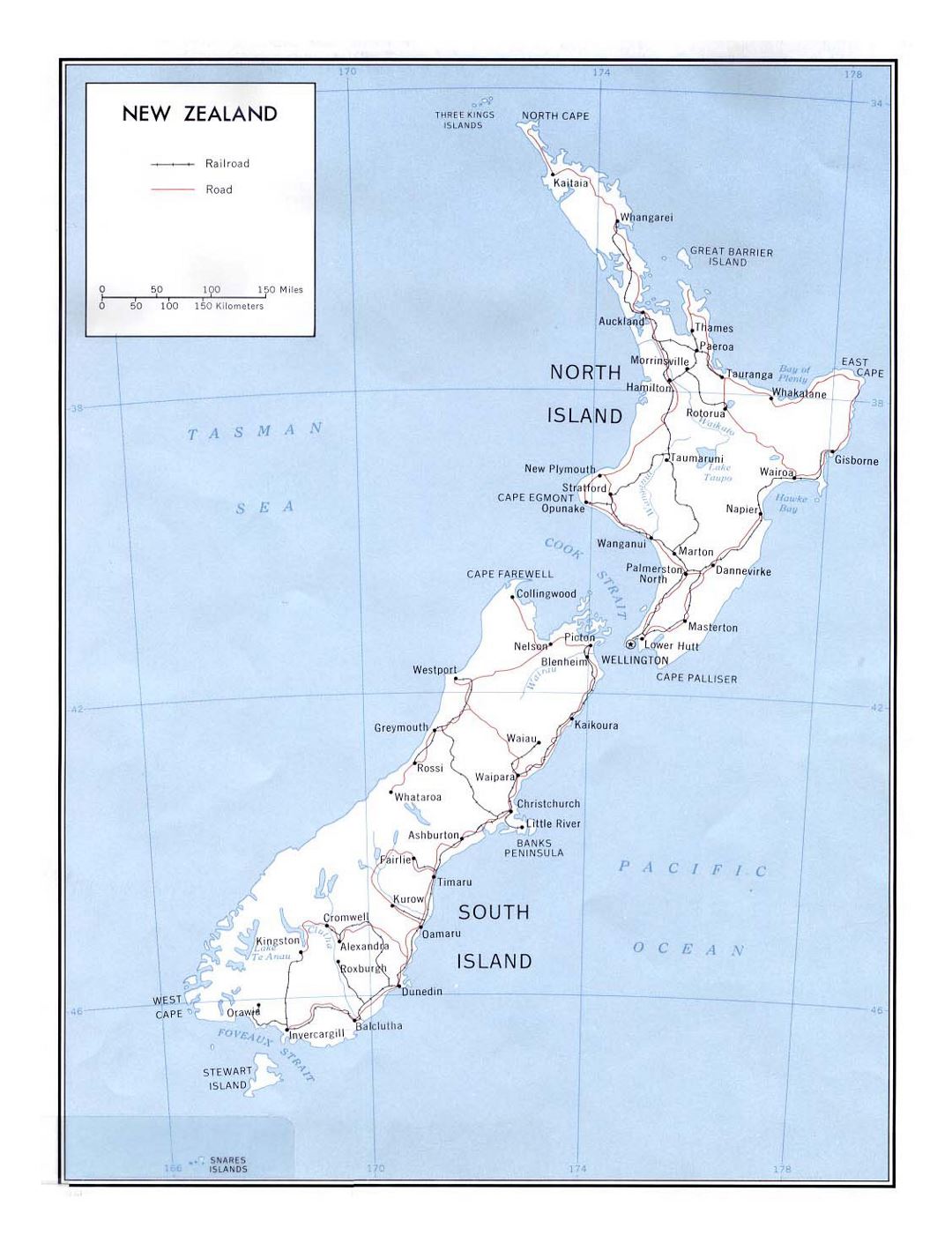 Large political map of New Zealand with marks of roads, railroads and cities - 1970