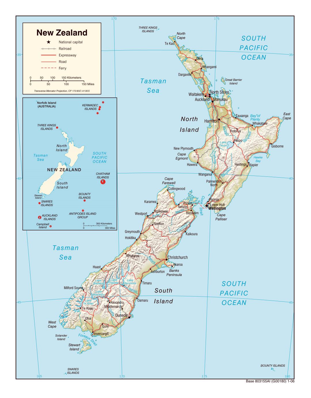 Large political map of New Zealand with relief, roads, railroads and cities - 2006