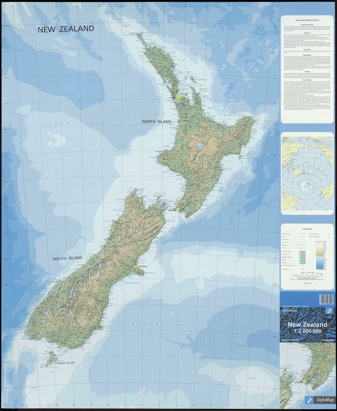 Large scale map of New Zealand with relief, marks of all cities, roads and other marks