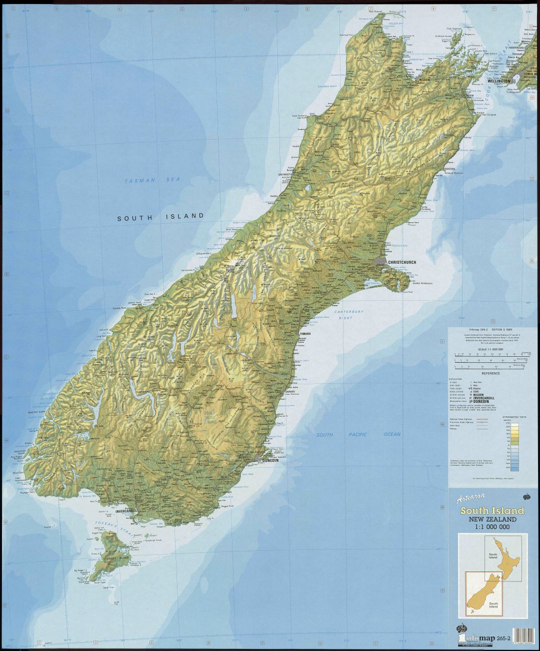 Large scale map of South Island, New Zealand with relief, marks of all cities, roads, railroads and other marks