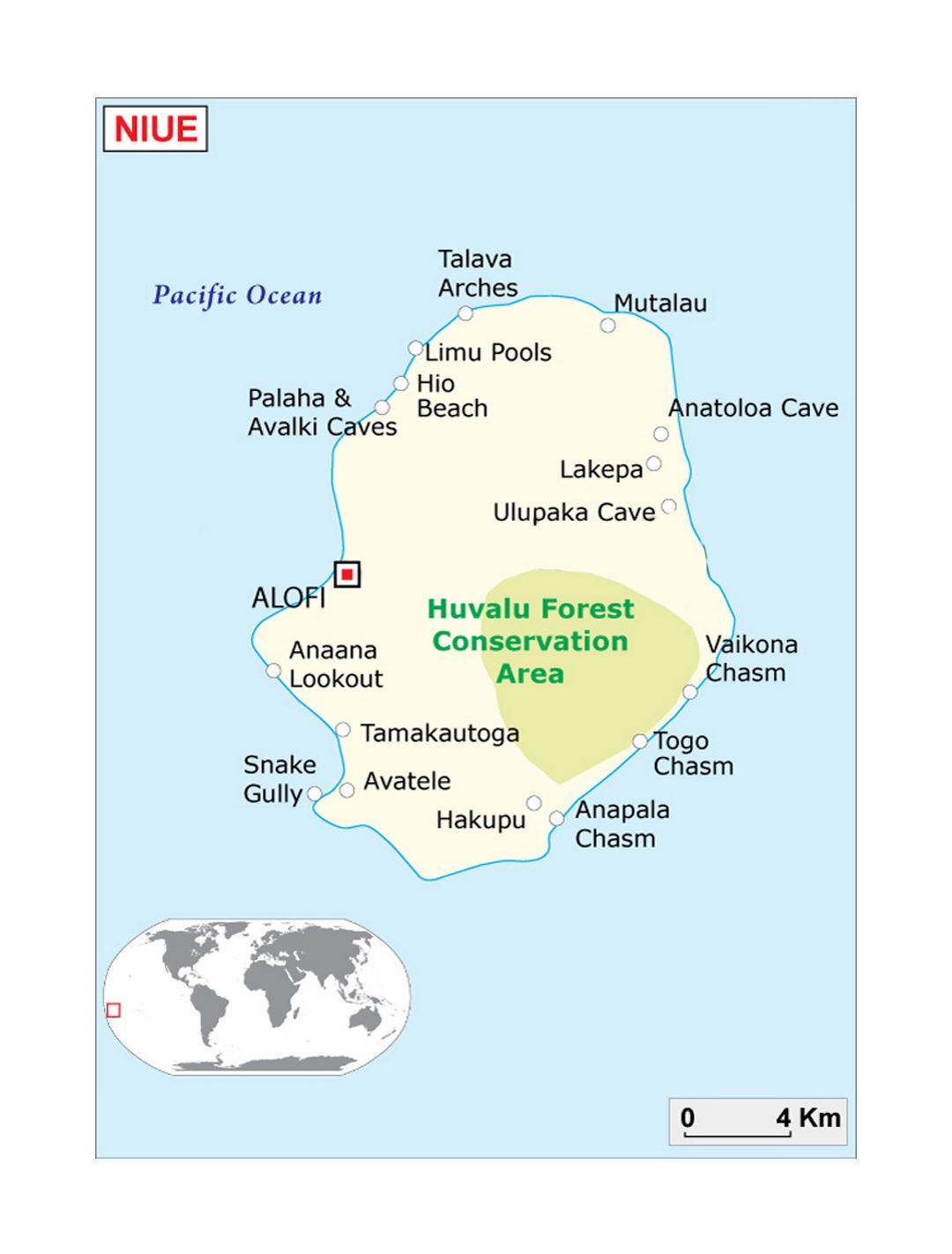 Detailed map of Niue with localities