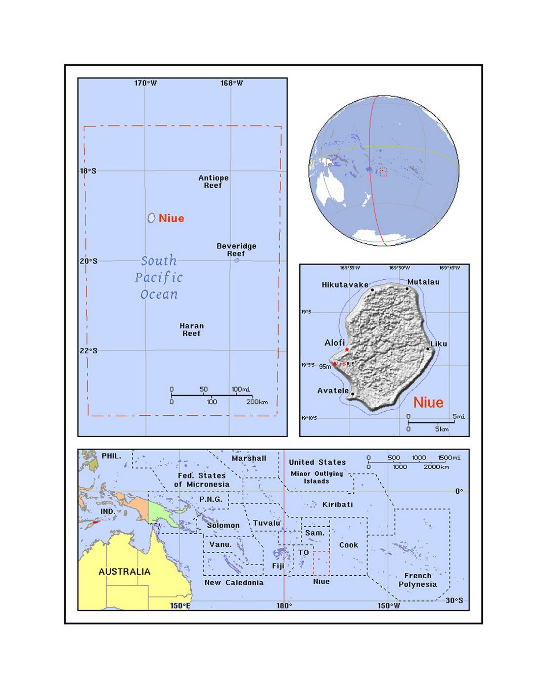 Detailed political map of Niue with relief