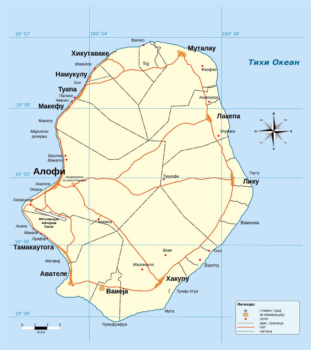 Large detailed map of Niue with roads, cities and other marks in macedonian