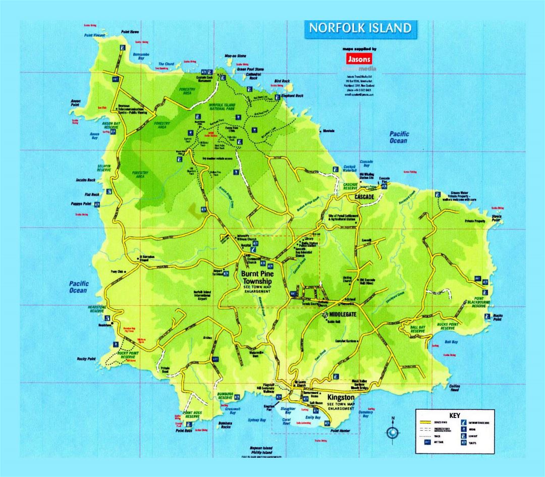 Detailed travel map of Norfolk Island with roads and marks