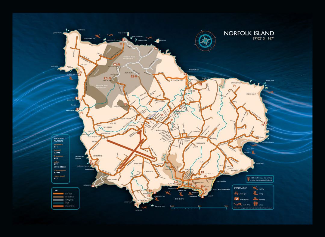 Detailed travel map of Norfolk Island with roads