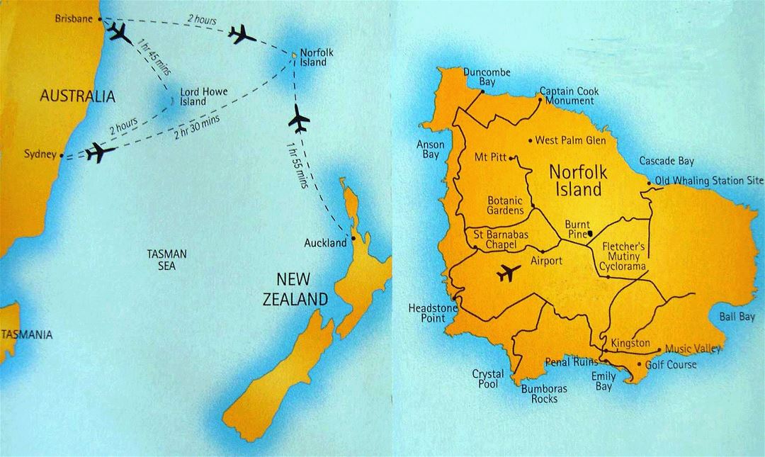 Large flight paths map of Norfolk Island with roads and airport