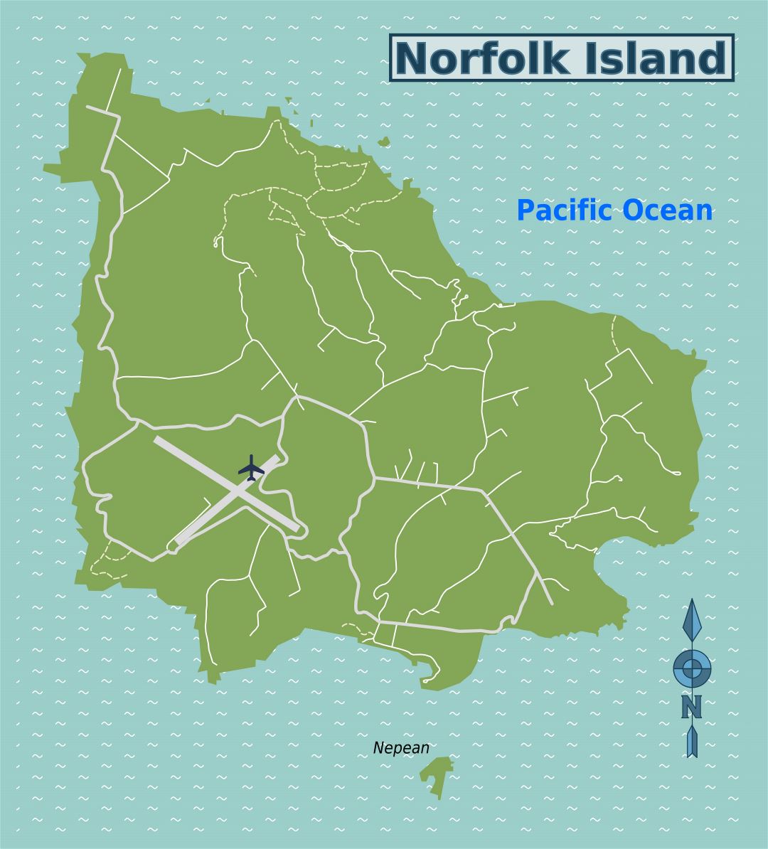 Large map of Norfolk Island with roads and airport