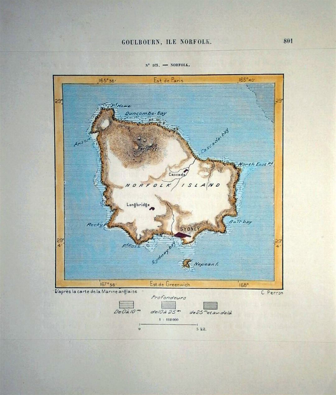 Large old map of Norfolk Island with relief - 1889