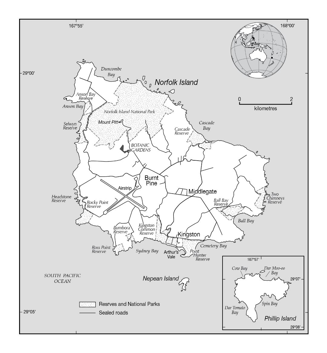 Large political map of Norfolk Island with marks
