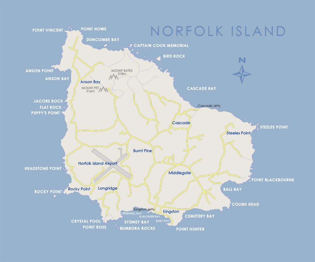 Map of Norfolk Island with roads