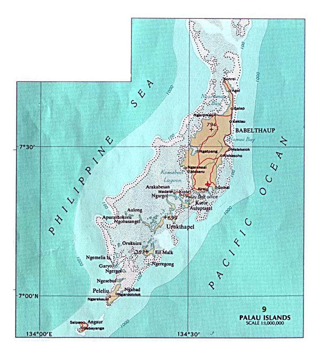 Detailed map of Palau with roads, cities and airports